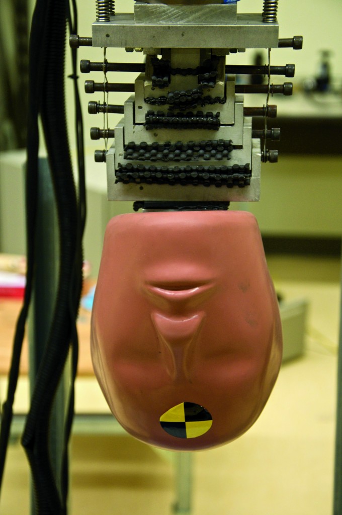 Crash-test head and mechanical neck model used in Dr. Cripton's research