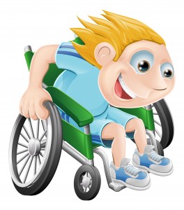 Cartoon illustration of a happy boy racing in his wheelchair